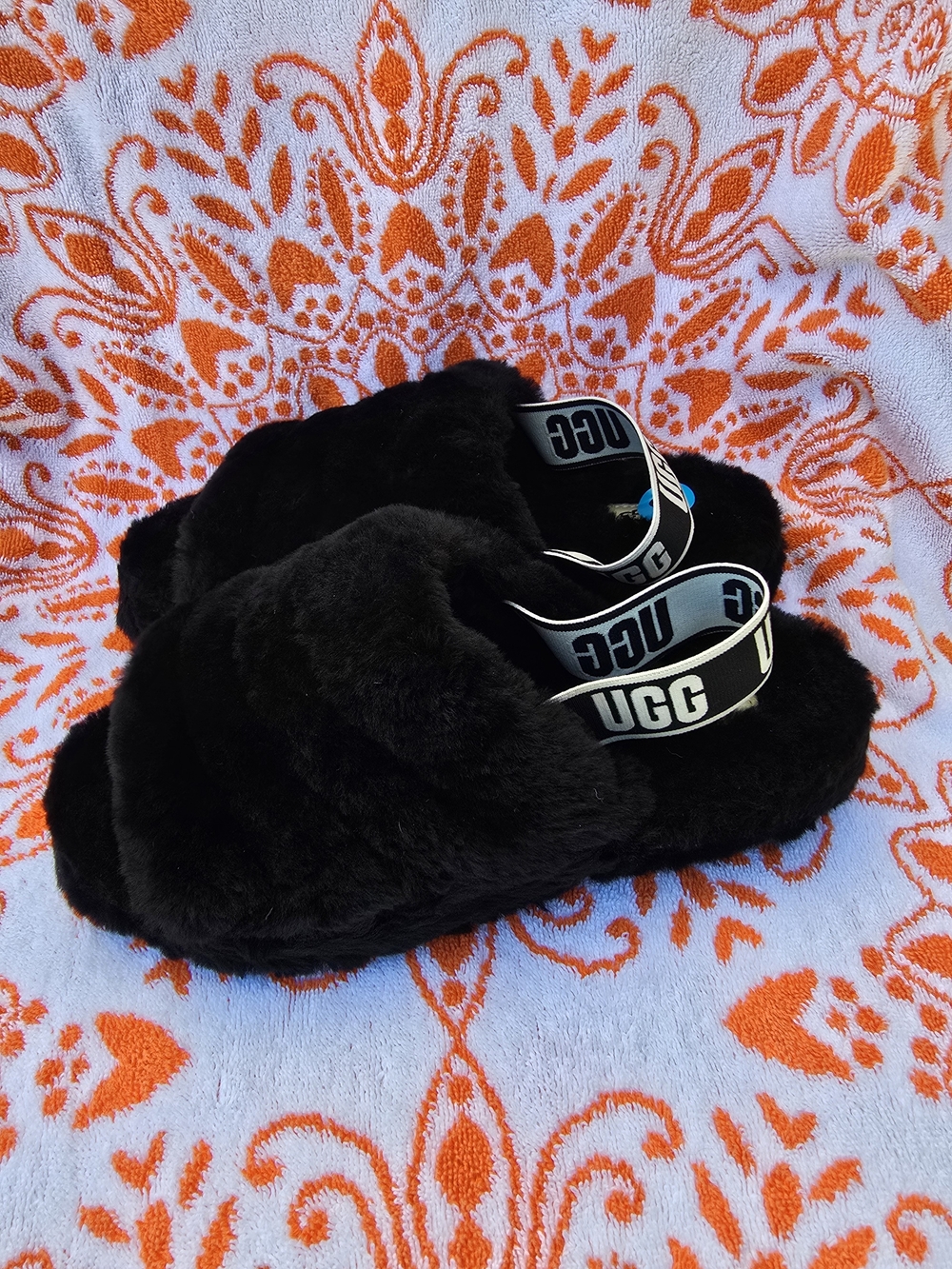 Brand New UGG Black Fluff Yeah Slide with Branded Elastic Backstrap Size 10 - Picture 4 of 5
